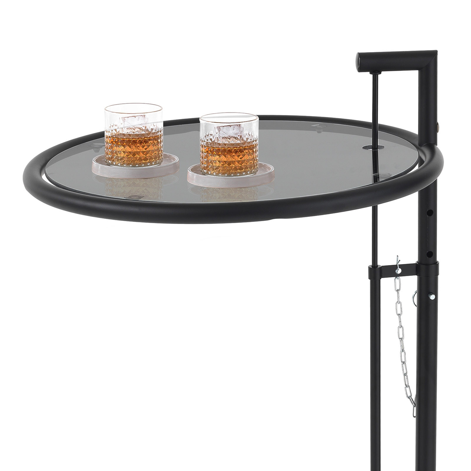 Tavolino Roland Black in vetro temprato fumè e acciaio Nero opaco altezza regolabile, diametro 48 cm