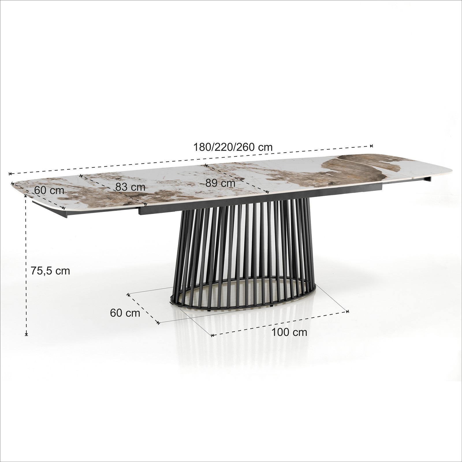 Tavolo allungabile BALDON GRIGIO basamento Grigio opaco piano ceramica finitura marmo Onice lucido H75,5 P89 L180/220/260