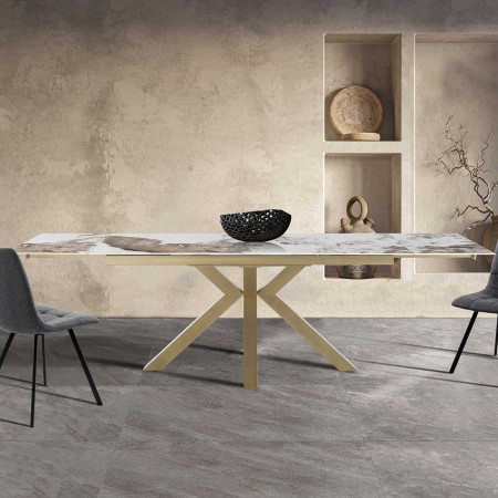 Tavolo allungabile DYNA ONICE ORO metallo Champagne Oro  opaco piano ceramica finitura marmo Onice lucido H74 P91 L160/200/240
