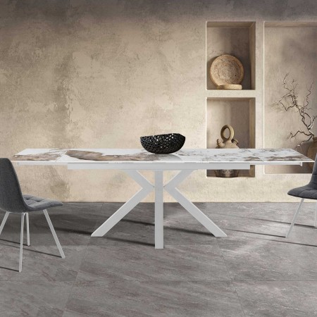Tavolo allungabile DYNA ONICE BIANCO metallo Bianco opaco piano ceramica finitura marmo Onice lucido H74 P91 L160/200/240
