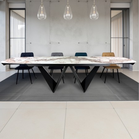 Tavolo allungabile LOU MARMO ONICE basamento metallo Grigio opaco piano ceramica marmo Onice lucido H76,5 P100 L.200/250/300