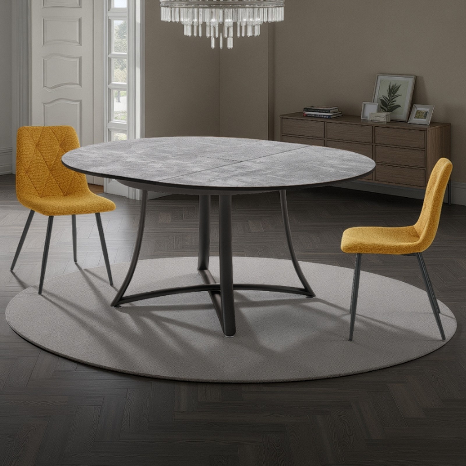 Tavolo rotondo allungabile LUCA CEMENTO gambe metallo Nero opaco piano finitura Cemento H76 Ø118 P118 L148 Tavolo rotondo allungabile LUCA CEMENTO gambe metallo Nero opaco piano finitura Cemento H76 Ø118 P118 L148