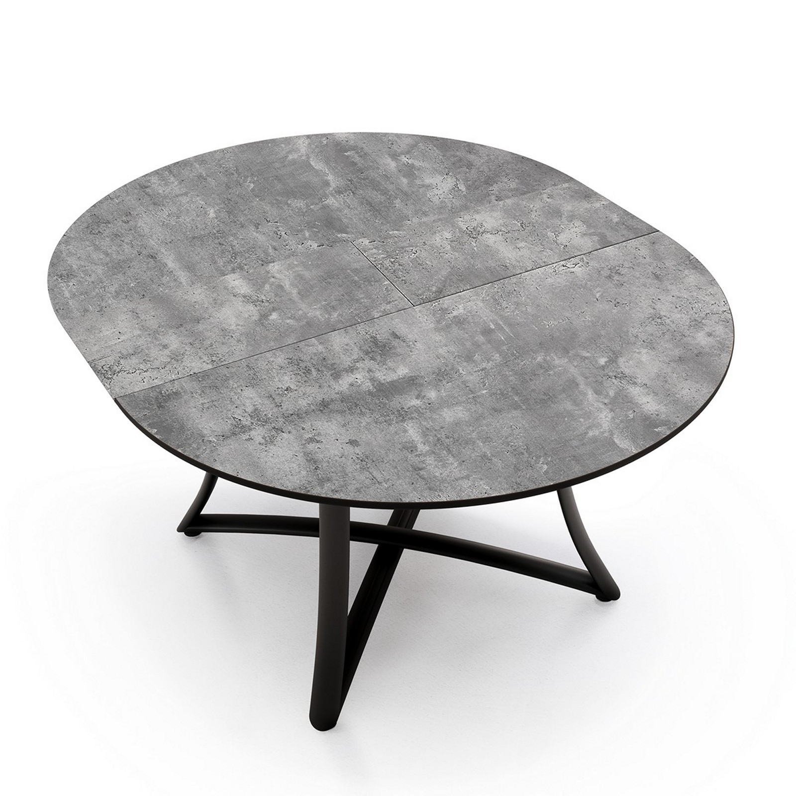 Tavolo rotondo allungabile LUCA CEMENTO gambe metallo Nero opaco piano finitura Cemento H76 Ø118 P118 L148