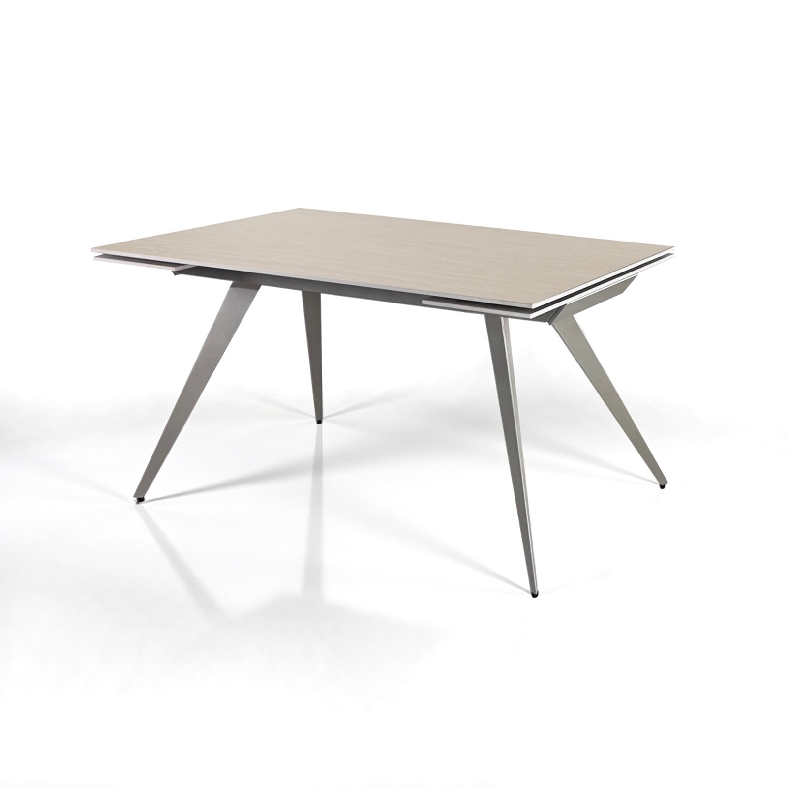 Tavolo allungabile SHARA MARMO TRAVERTINO basamento acciaio Platino piano ceramica marmo Travertino H75 P81 L140/170/200