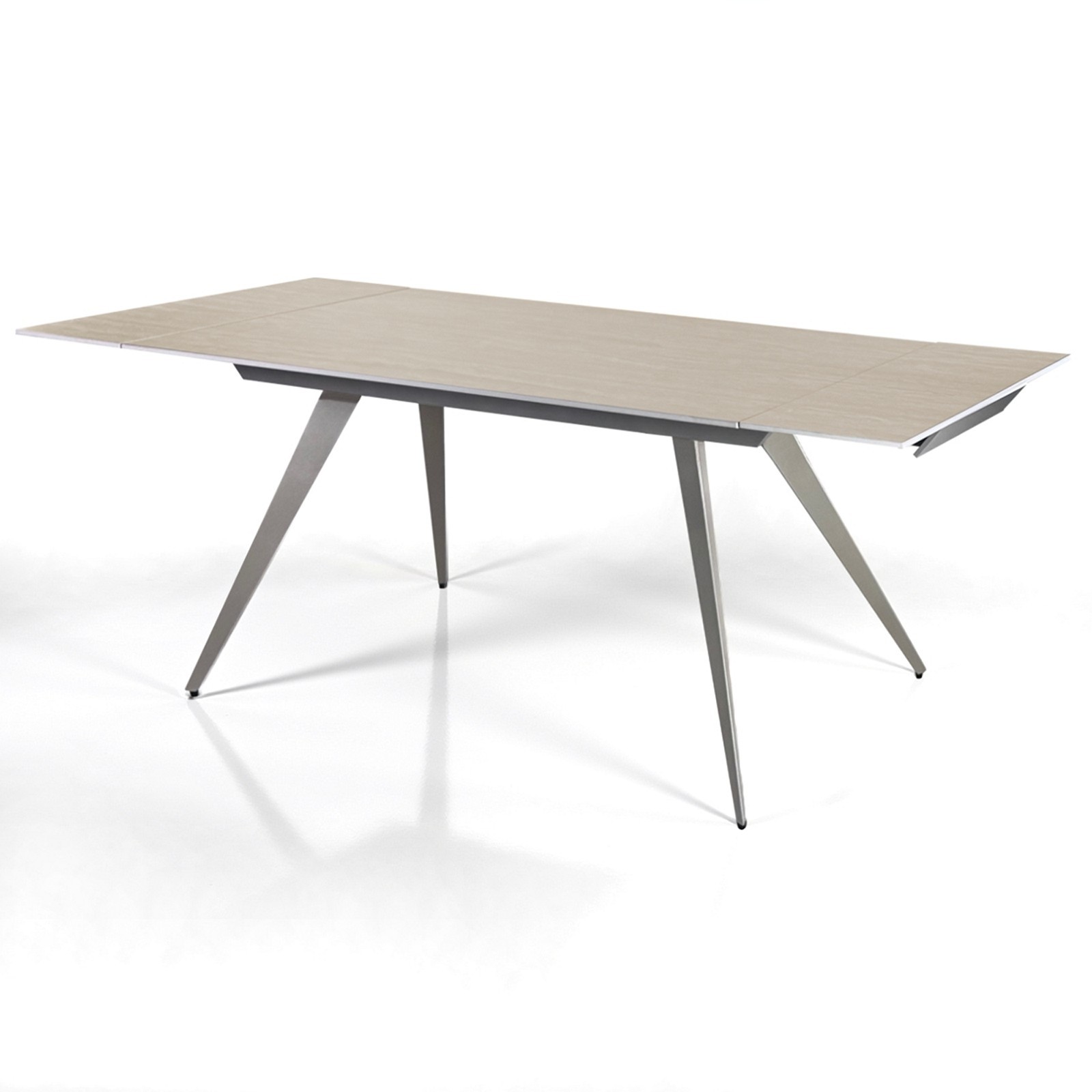 Tavolo allungabile SHARA MARMO TRAVERTINO basamento acciaio Platino piano ceramica marmo Travertino H75 P81 L140/170/200