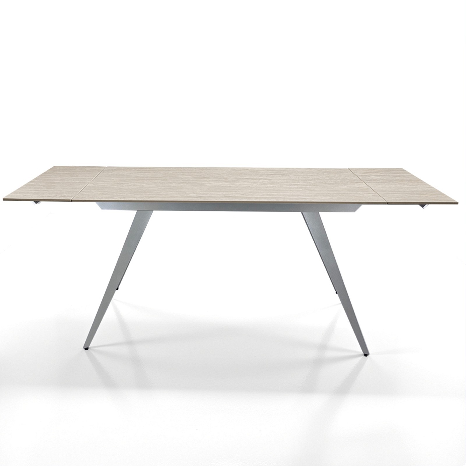 Tavolo allungabile SHARA MARMO TRAVERTINO basamento acciaio Platino piano ceramica marmo Travertino H75 P81 L140/170/200