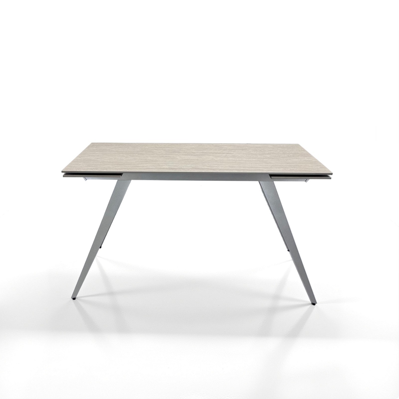 Tavolo allungabile SHARA MARMO TRAVERTINO basamento acciaio Platino piano ceramica marmo Travertino H75 P81 L140/170/200