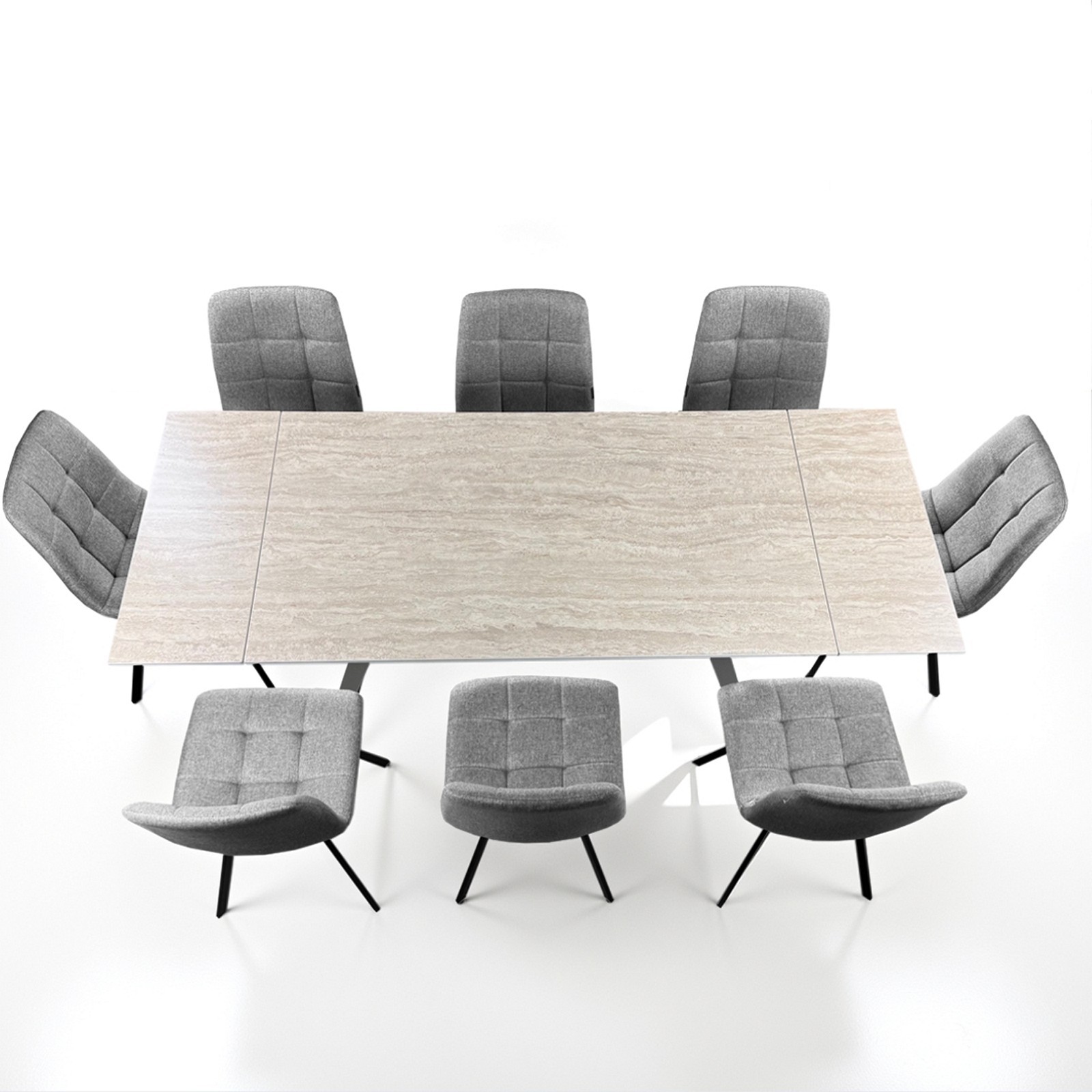 Tavolo allungabile SHARA MARMO TRAVERTINO basamento acciaio Platino piano ceramica marmo Travertino H75 P81 L140/170/200