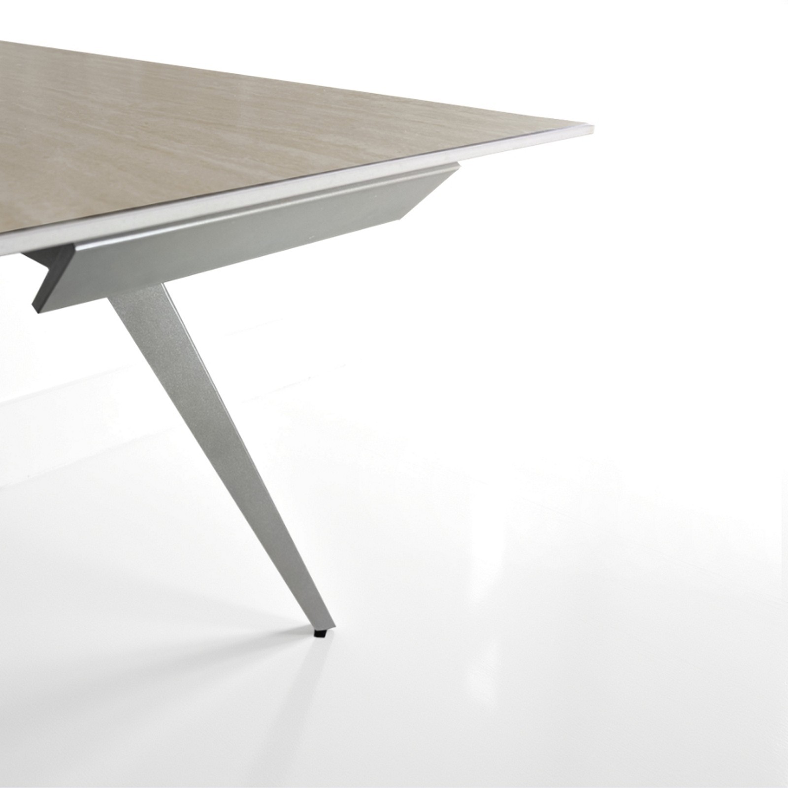 Tavolo allungabile SHARA MARMO TRAVERTINO basamento acciaio Platino piano ceramica marmo Travertino H75 P81 L140/170/200