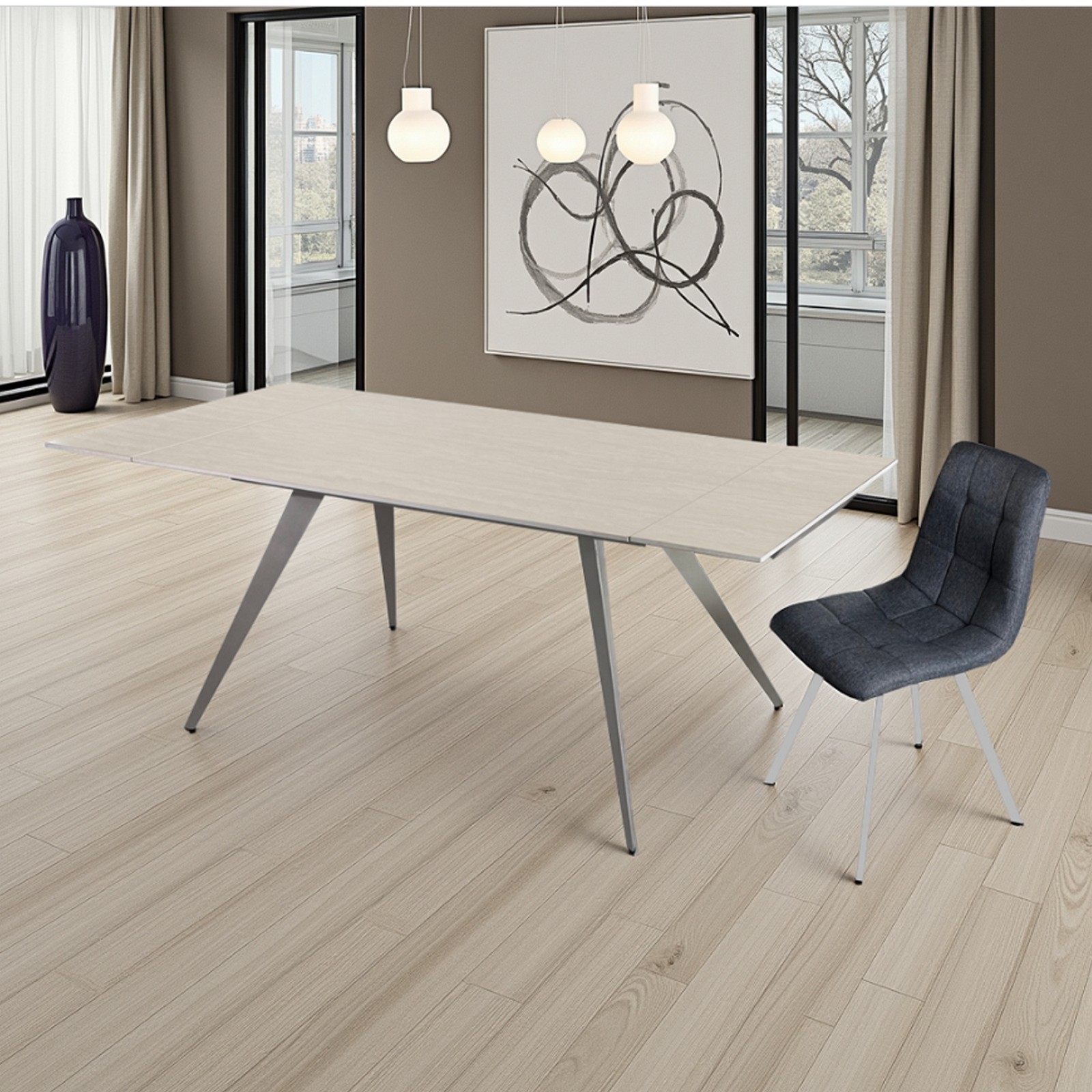 Tavolo allungabile SHARA MARMO TRAVERTINO basamento acciaio Platino piano ceramica marmo Travertino H75 P81 L140/170/200