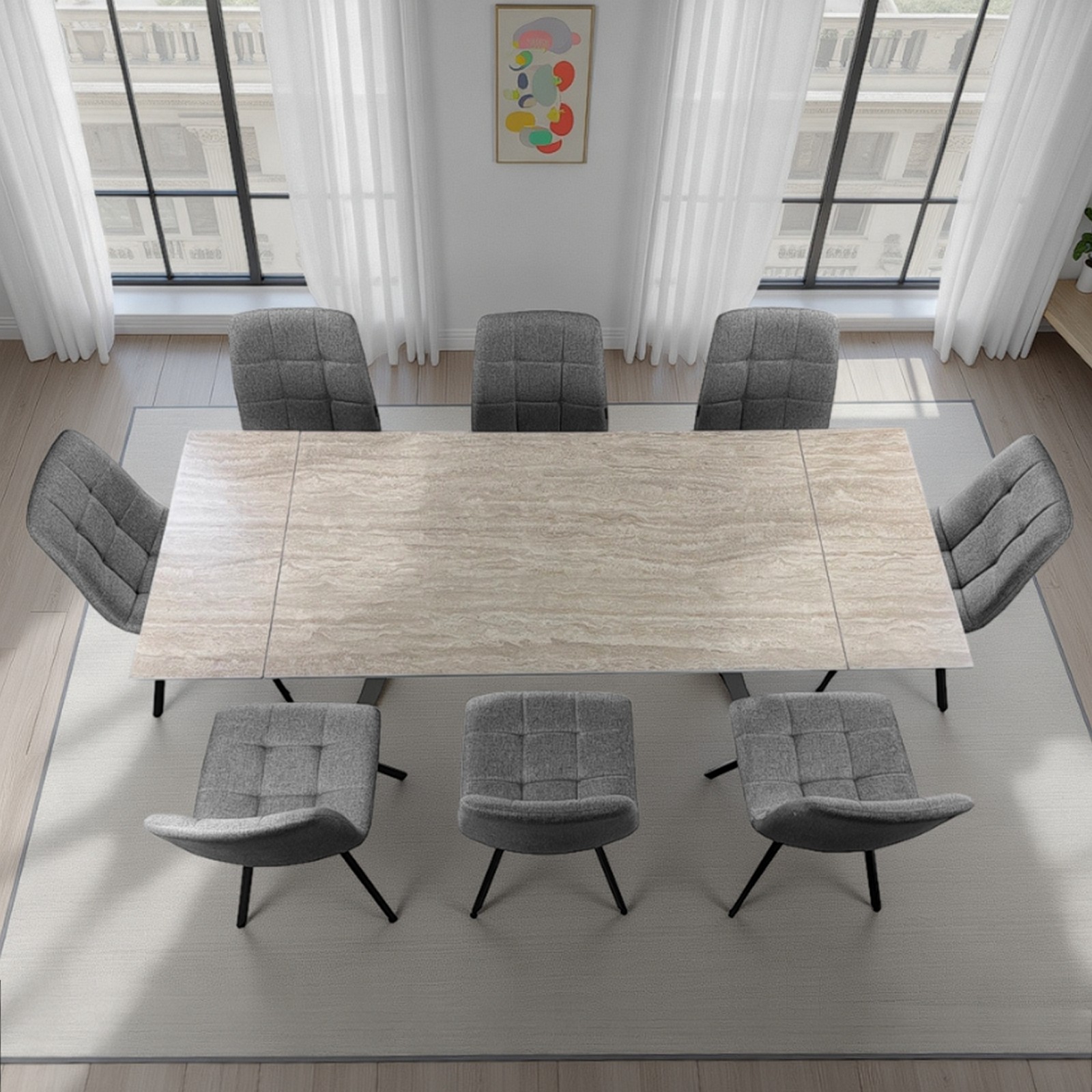 Tavolo allungabile SHARA MARMO TRAVERTINO basamento acciaio Platino piano ceramica marmo Travertino H75 P81 L140/170/200