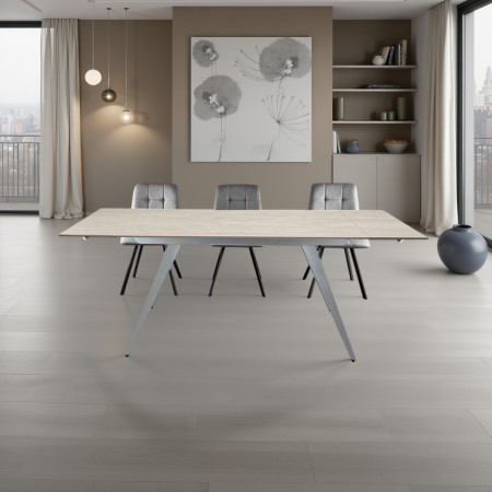 Tavolo allungabile SHARA MARMO TRAVERTINO basamento acciaio Platino piano ceramica marmo Travertino H75 P81 L140/170/200