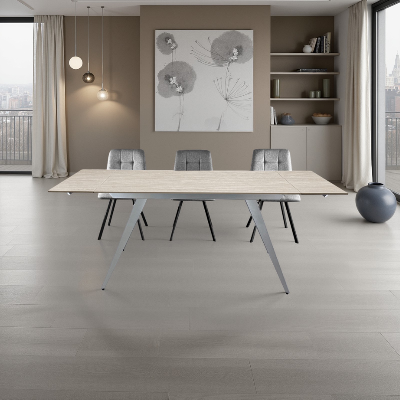 Tavolo allungabile SHARA MARMO TRAVERTINO basamento acciaio Platino piano ceramica marmo Travertino H75 P81 L140/170/200 Tavolo allungabile SHARA MARMO TRAVERTINO basamento acciaio Platino piano ceramica marmo Travertino H75 P81 L140/170/200