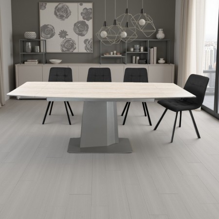 Tavolo allungabile finitura marmo KALLISTO TRAVERTINO basamento verniciato Platino opaco  piano ceramica H77 P89 L140/170/200