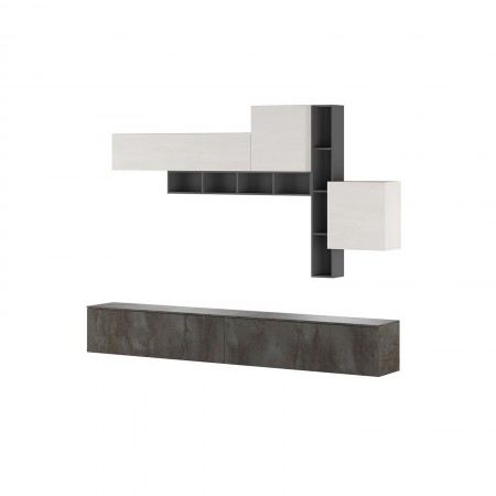 Parete soggiorno ANNET GRAPHITE finitura Grigio Graphite Ossido opaco Bianco spatolato H200 L276 P40