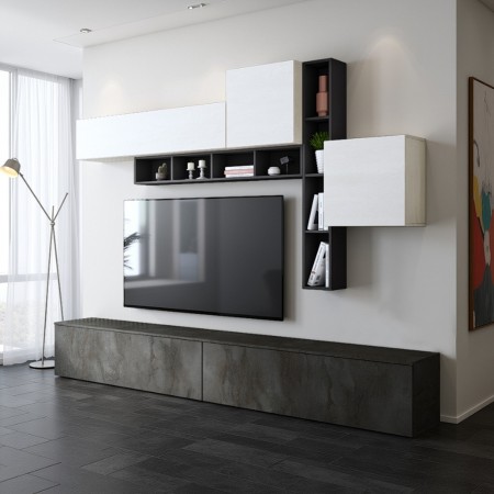 Parete soggiorno ANNET GRAPHITE finitura Grigio Graphite Ossido opaco Bianco spatolato H200 L276 P40