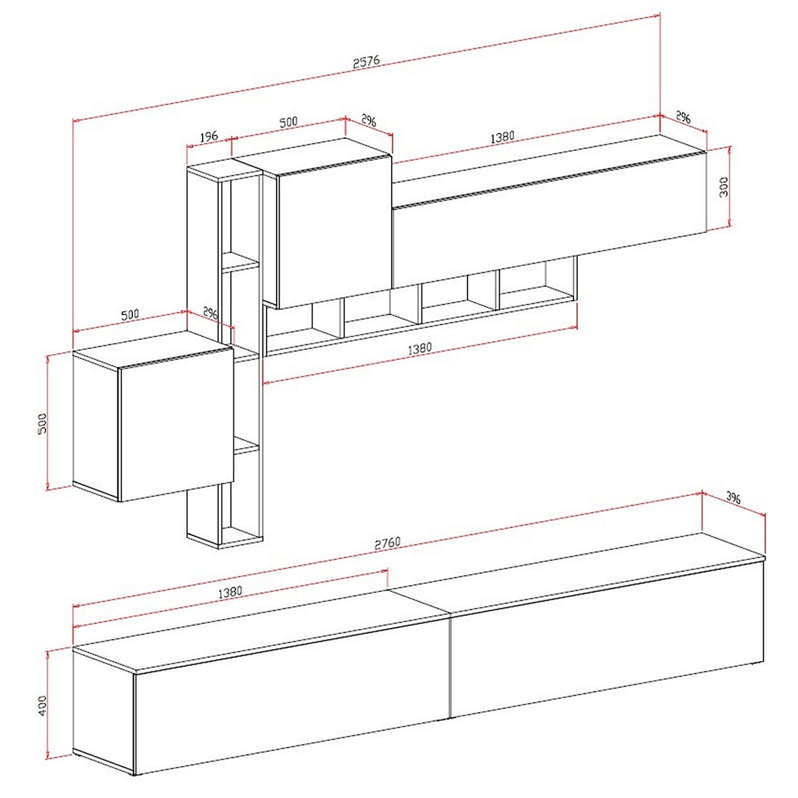Parete soggiorno ANNET GRAPHITE finitura Grigio Graphite Ossido opaco Bianco spatolato H200 L276 P40
