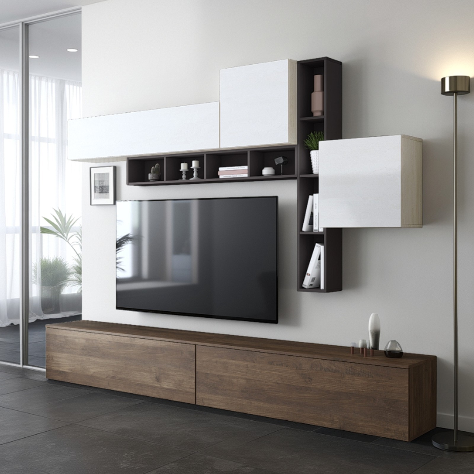 Parete soggiorno ANNET NOCE finitura Grigio Graphite opaco / Noce / Bianco spatolato H200 L276 P4