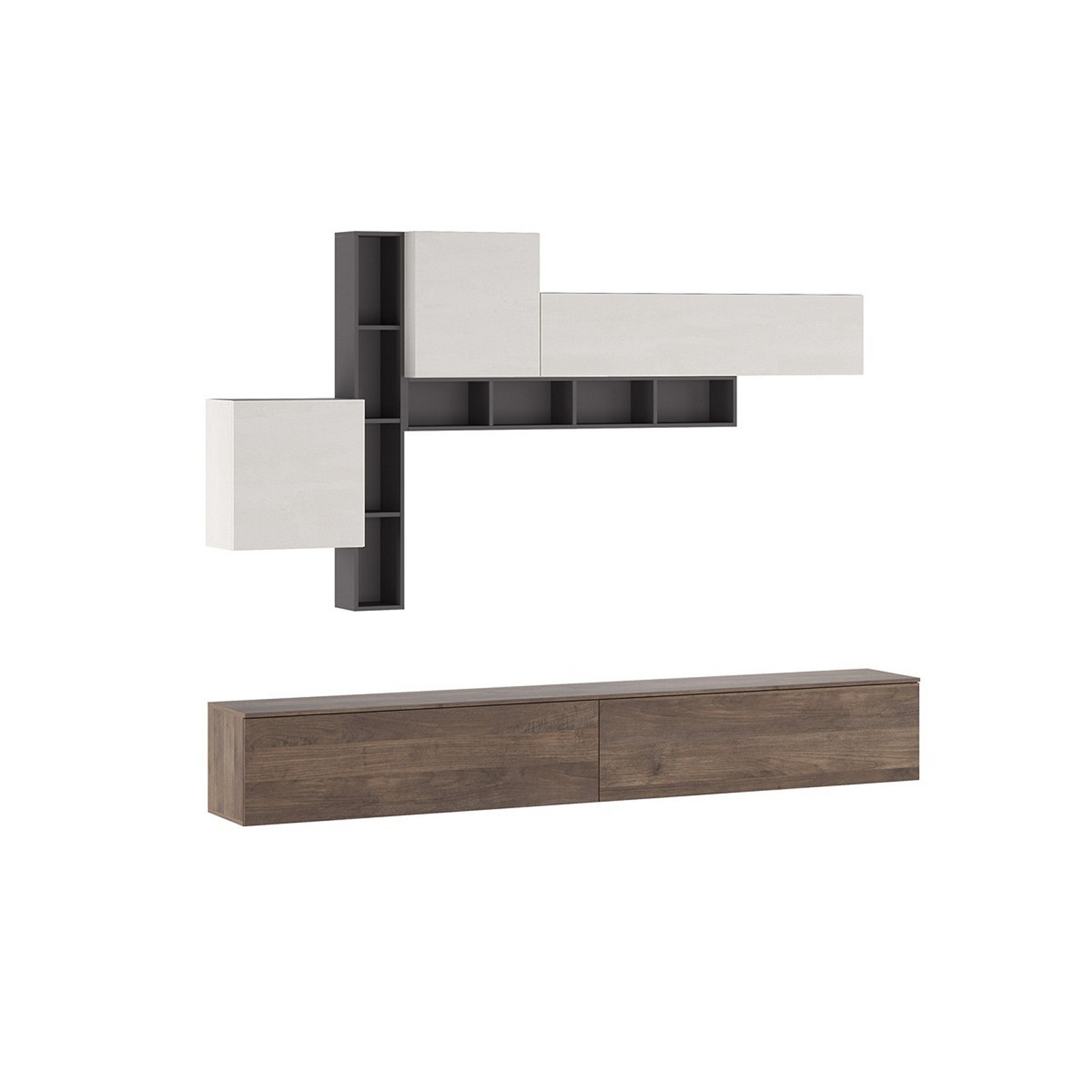 Parete soggiorno ANNET NOCE finitura Grigio Graphite opaco / Noce / Bianco spatolato H200 L276 P4