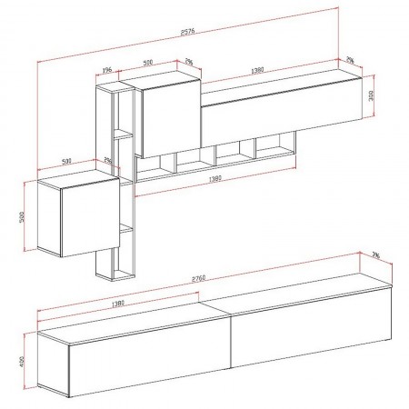 Parete soggiorno ANNET NOCE finitura Grigio Graphite opaco / Noce / Bianco spatolato H200 L276 P4