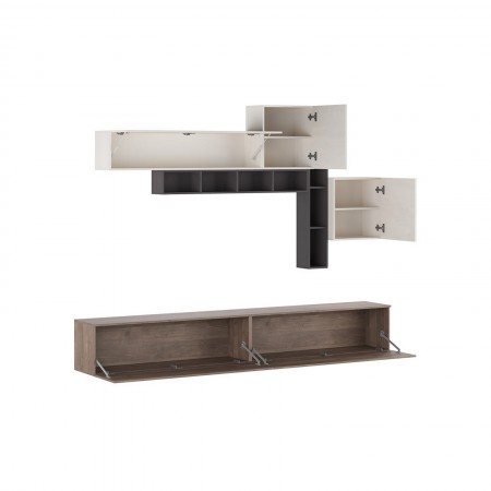 Parete soggiorno ANNET NOCE finitura Grigio Graphite opaco / Noce / Bianco spatolato H200 L276 P4