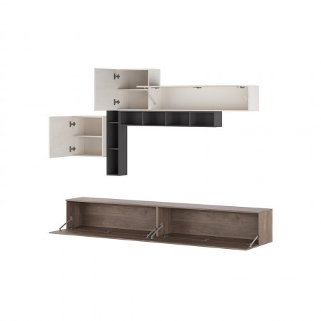 Parete soggiorno ANNET NOCE finitura Grigio Graphite opaco / Noce / Bianco spatolato H200 L276 P4