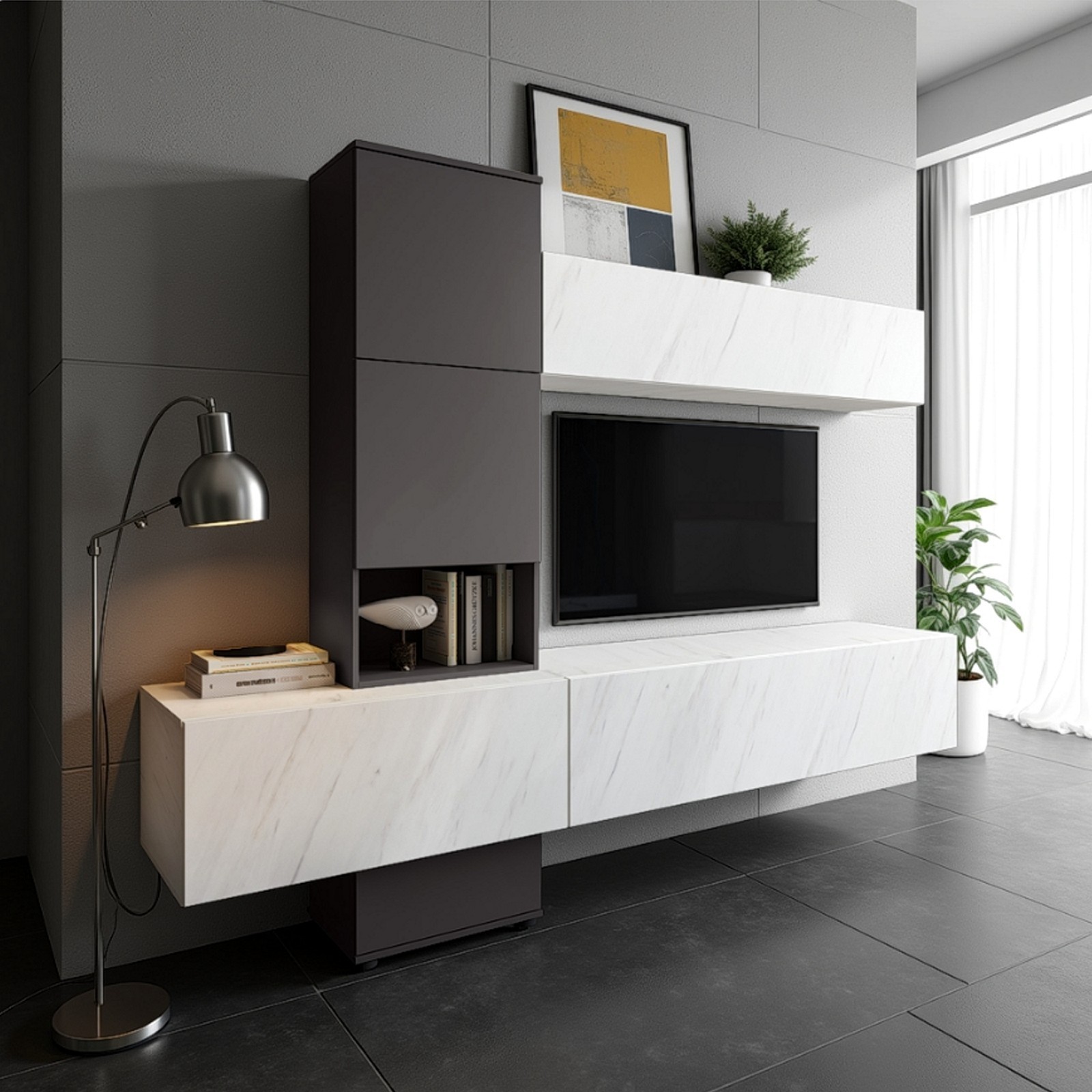 Parete soggiorno TRESSA A finitura Grigio Graphite opaco / Marmo Bianco opaco H196 L240 P50