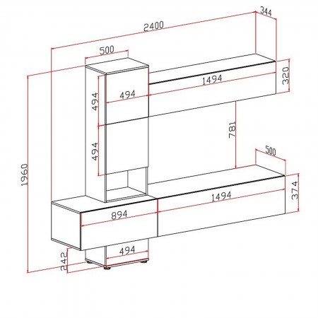 Parete soggiorno TRESSA A finitura Grigio Graphite opaco / Marmo Bianco opaco H196 L240 P50