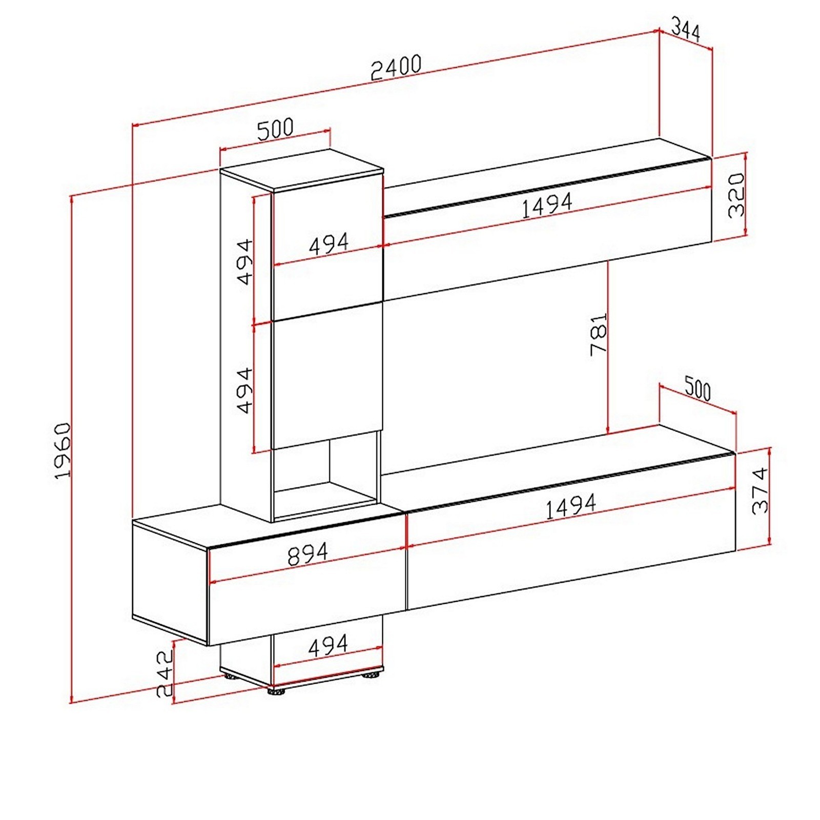 Parete soggiorno TRESSA A finitura Grigio Graphite opaco / Marmo Bianco opaco H196 L240 P50