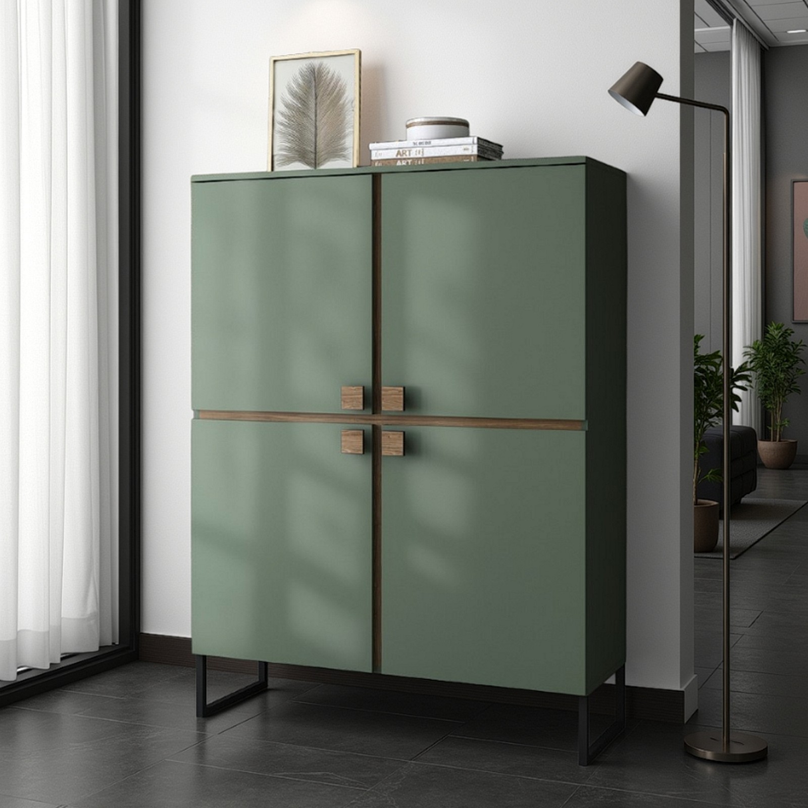 Mobile alto credenza CLAIRE VERDE GRIGIO finitura Verde Grigio Noce crudo H144 L108 P40 cm