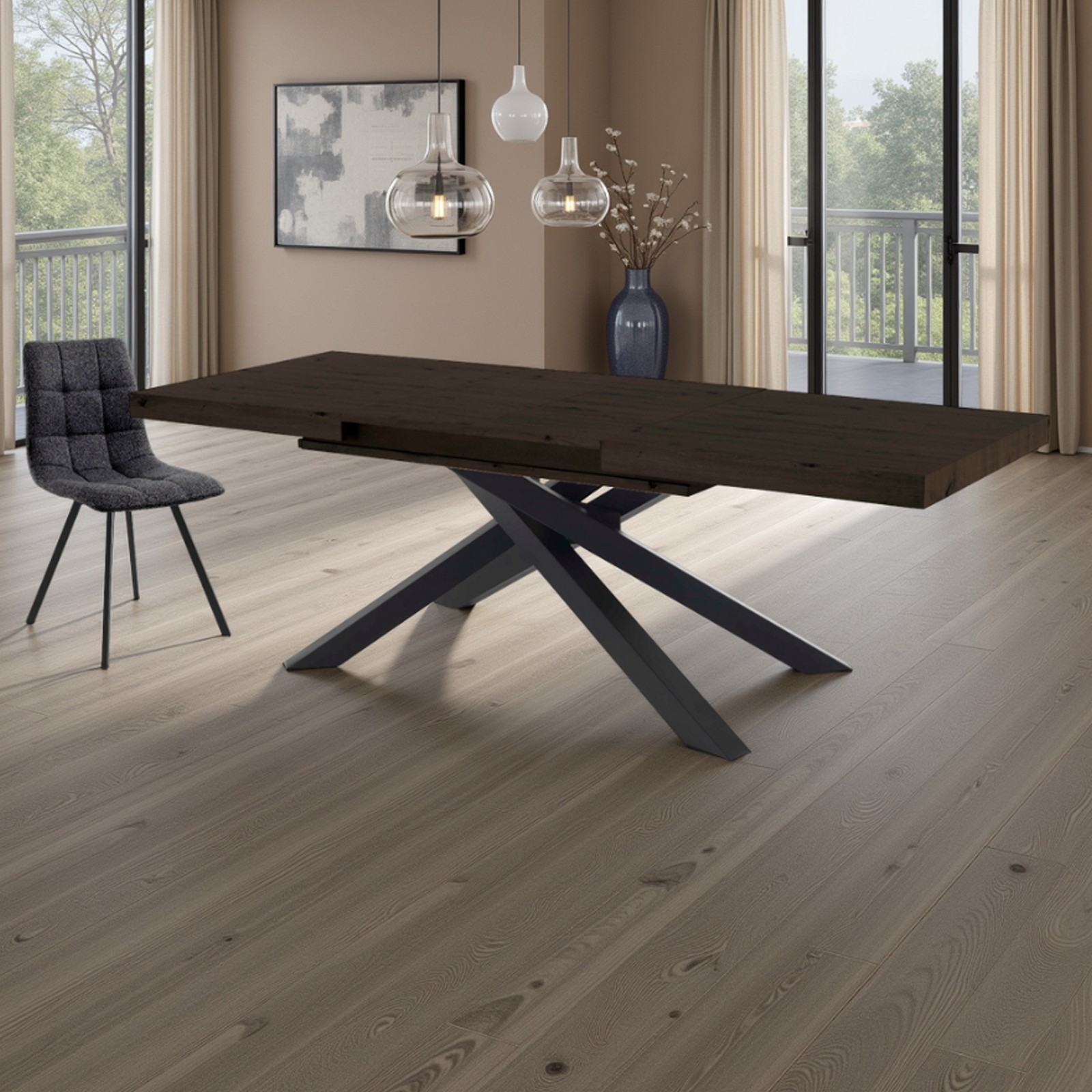 Tavolo allungabile sala da pranzo TITO NOCE metallo Nero Opaco Piano  finitura Noce H75.5 P90 L160/200/240