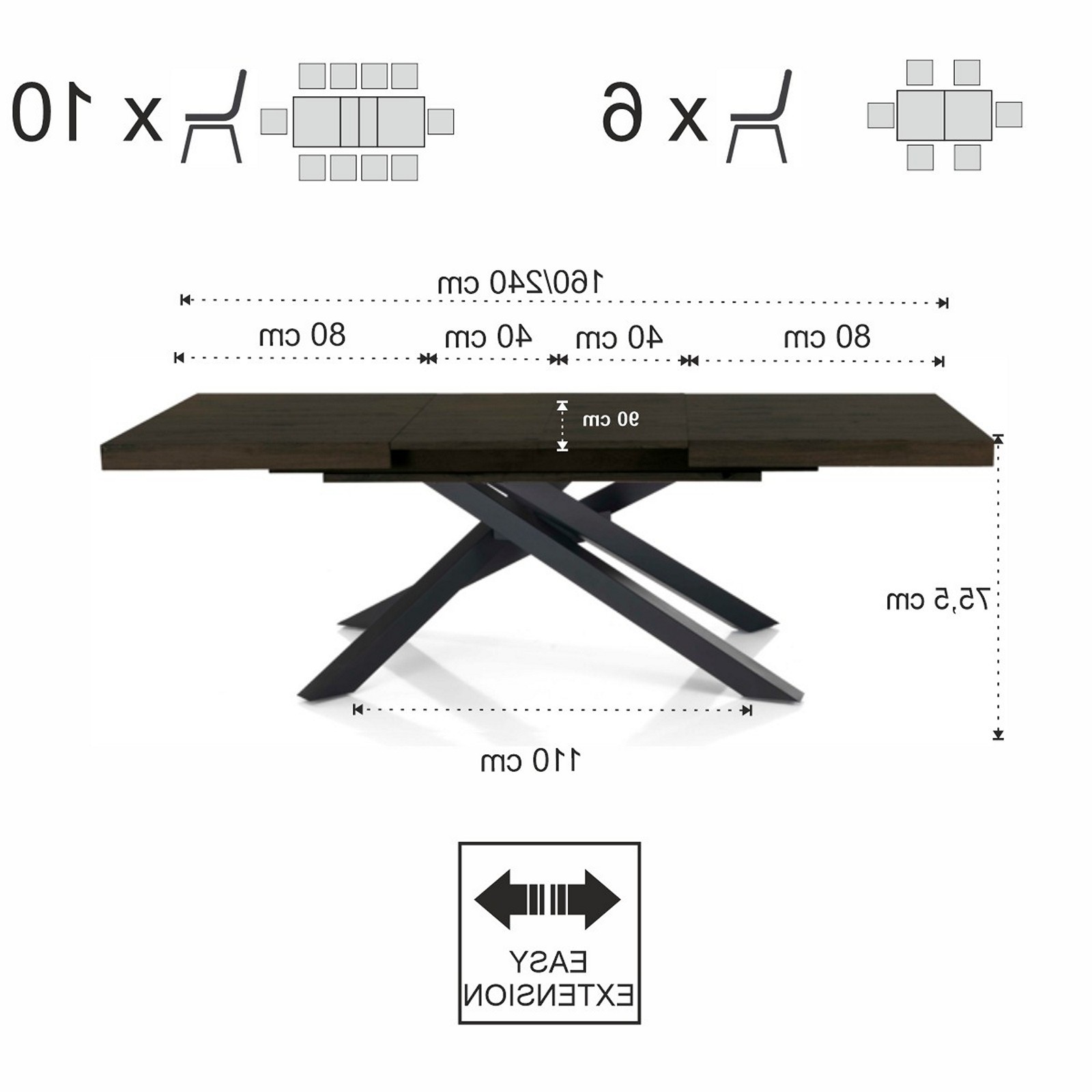 Tavolo allungabile TITO NOCE metallo Nero Opaco Piano  finitura Noce H75.5 P90 L160/200/240