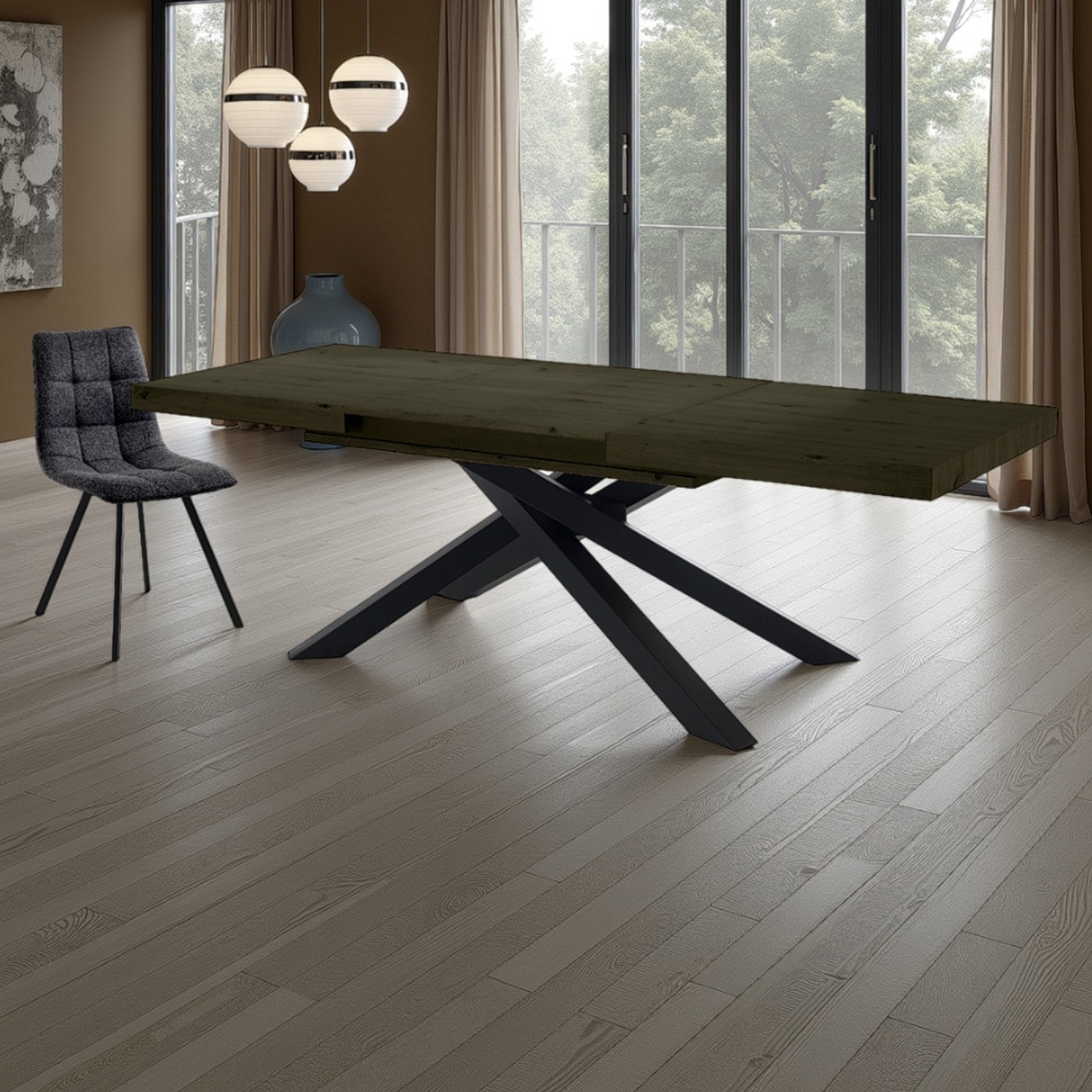 Tavolo allungabile sala da pranzo TITO LEGNO GRIGIO metallo Nero Opaco Piano finitura legno Grigio H75.5 P90 L160/200/240