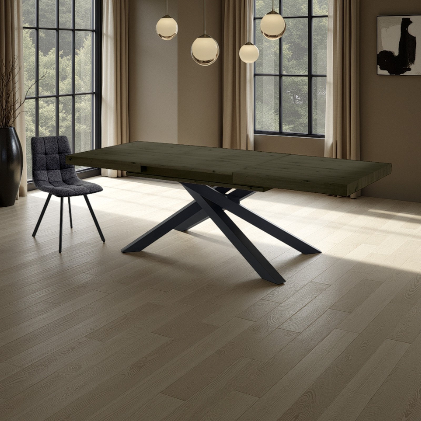 Tavolo allungabile legno moderno TITO 130 LEGNO GRIGIO metallo Nero Opaco Piano finitura  Legno Grigio H77 P90 L130/170/210