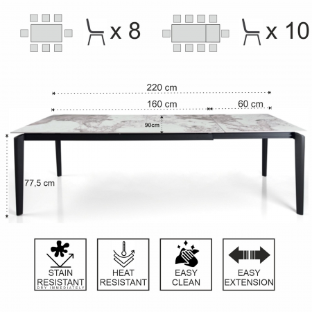 Tavolo allungabile DEDE MARMO ONICE metallo verniciato Grigio opaco piano ceramica finitura Marmo Onice H77,5 P90 L160/220 cm