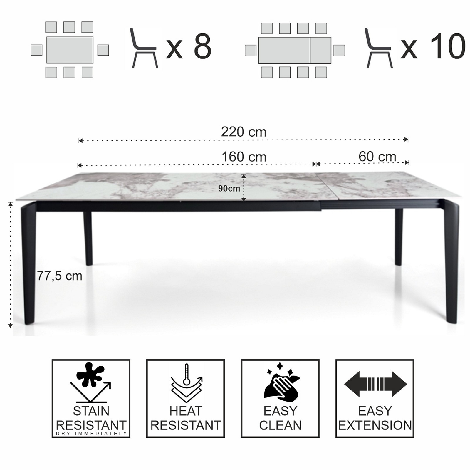 Tavolo allungabile DEDE MARMO ONICE metallo verniciato Grigio opaco piano ceramica finitura Marmo Onice H77,5 P90 L160/220 cm