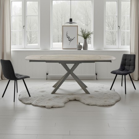 Tavolo allungabile piano ceramica marmo Travertino opaco VICKI TRAVERTINO basamento Platino opaco  cm. H75 P90 L140/200