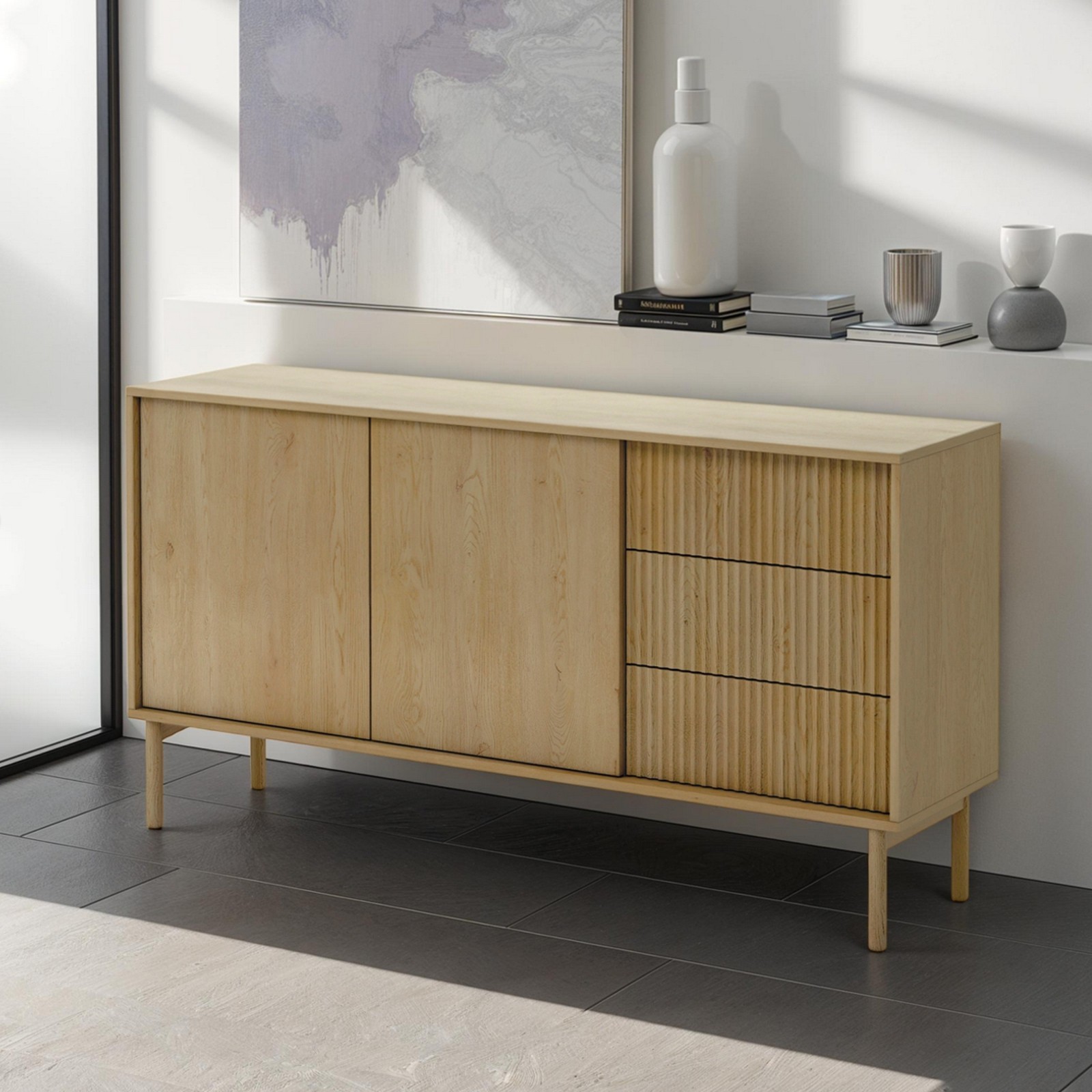 Madia LARISA 2 ante 3 cassetti struttura finitura Rovere cm H79,8 L153,5 P39,5