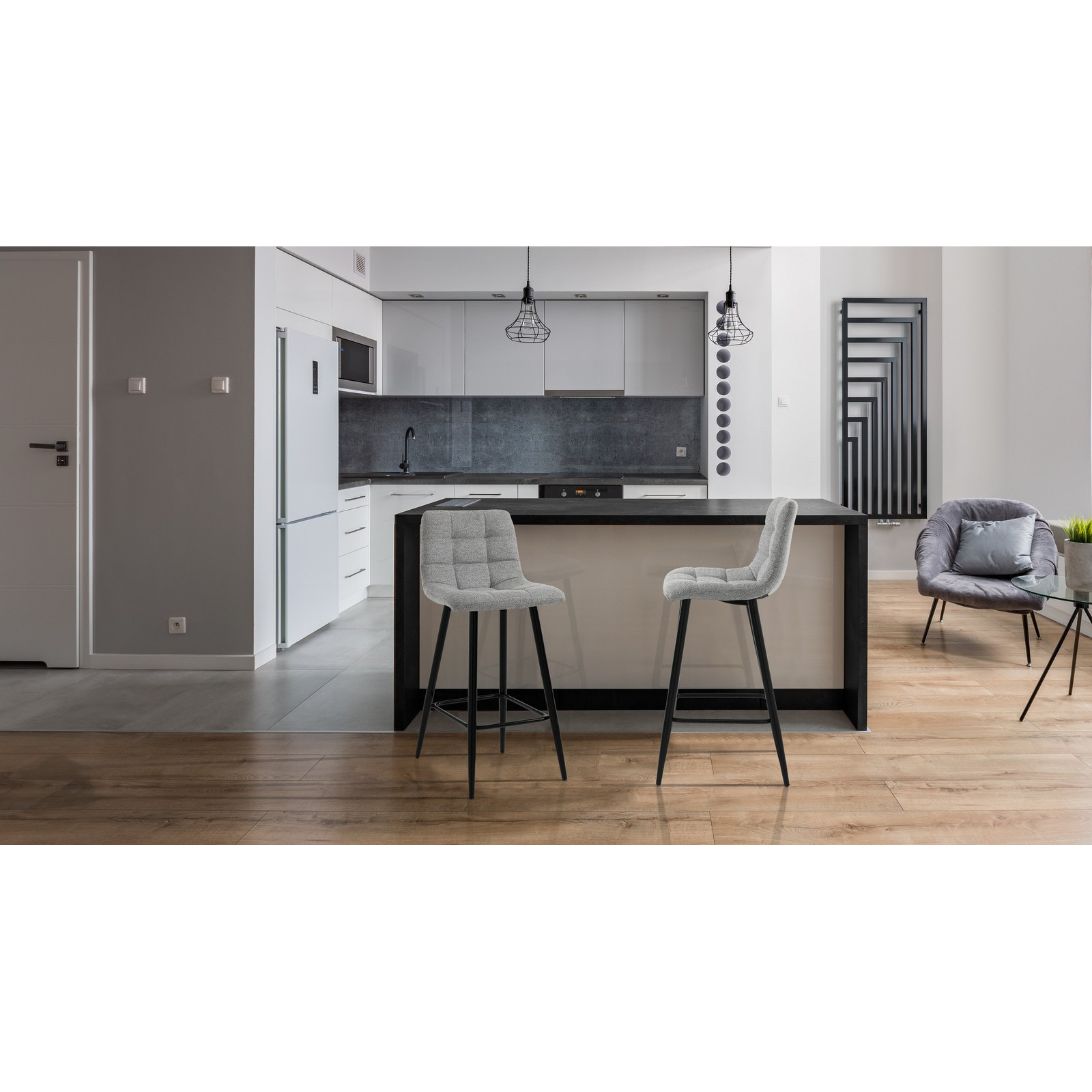 Set 2 Sgabelli ISLA LIGHT GREY HOME tessuto Grigio chiaro  struttura metallo Nero cm H91 L44 P50 seduta H65