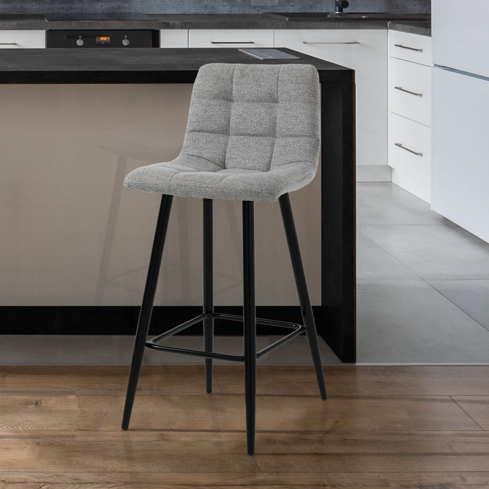 Sgabello ISLA LIGHT GREY HOME tessuto Grigio chiaro  struttura metallo Nero cm H91 L44 P50 seduta H65