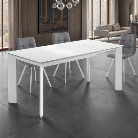 Tavolo Allungabile in Vetro temprato Cristopher 120 White Top verniciato Bianco e base in metallo Bianco opaco, 120-170 x 80 cm