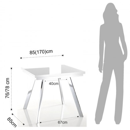 Tavolo Allungabile a Libro Joseph Top verniciato Bianco Lucido e base in Metallo Cromato, 85-170 x 85 cm
