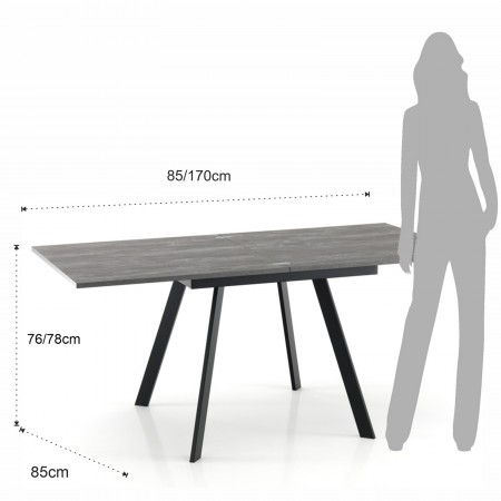 Tavolo Allungabile a libro JOSEPH CEMENT Top finitura Cemento e gambe in acciaio verniciato Nero opaco, 85-170 x 85 cm