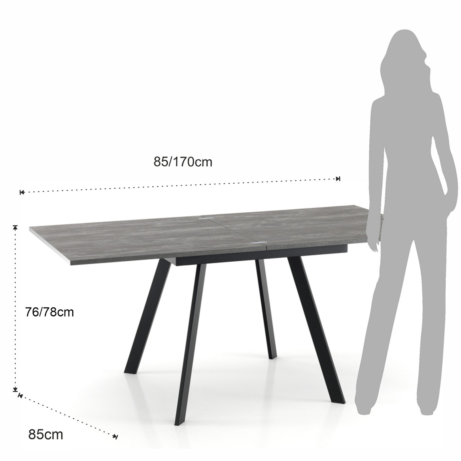 Tavolo Allungabile a libro JOSEPH CEMENT Top finitura Cemento e gambe in acciaio verniciato Nero opaco, 85-170 x 85 cm