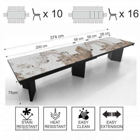 Tavolo allungabile MOMO MARMO ONICE GRIGIO basamento metallo Grigio piano ceramica finitura marmo cm H75 P100 L200/258/316/374
