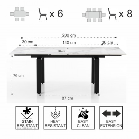 Tavolo allungabile IGOR MARMO ONICE basamento acciaio Nero opaco piano ceramica finitura Marmo Onice lucido  H76 P90 L140-200