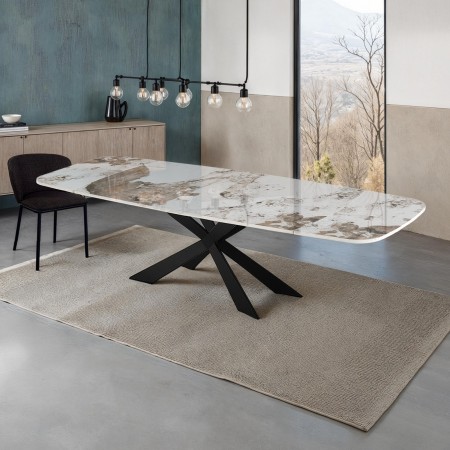 Tavolo allungabile ovale ELMO EVO 120 NERO MARMO ONICE basamento acciaio piano ceramica finitura Marmo H75,5 P80 L120-150-180