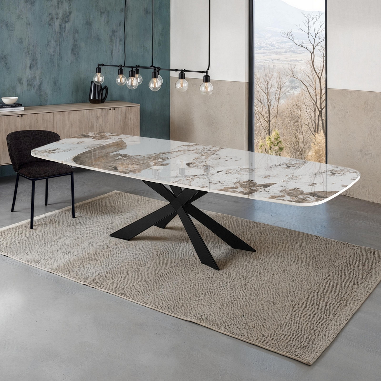 Tavolo allungabile ovale ELMO EVO 120 NERO MARMO ONICE basamento acciaio piano ceramica finitura Marmo H75,5 P80 L120-150-180
