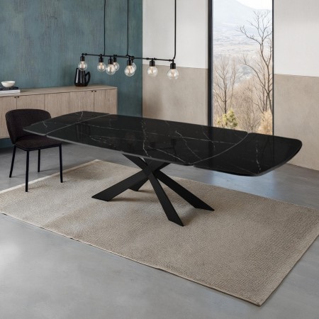 Tavolo allungabile ovale ELMO EVO 120 NERO MARMO NERO basamento acciaio piano ceramica finitura Marmo H75,5 P80 L120-150-180