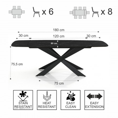 Tavolo allungabile ovale ELMO EVO 120 NERO MARMO NERO basamento acciaio piano ceramica finitura Marmo H75,5 P80 L120-150-180